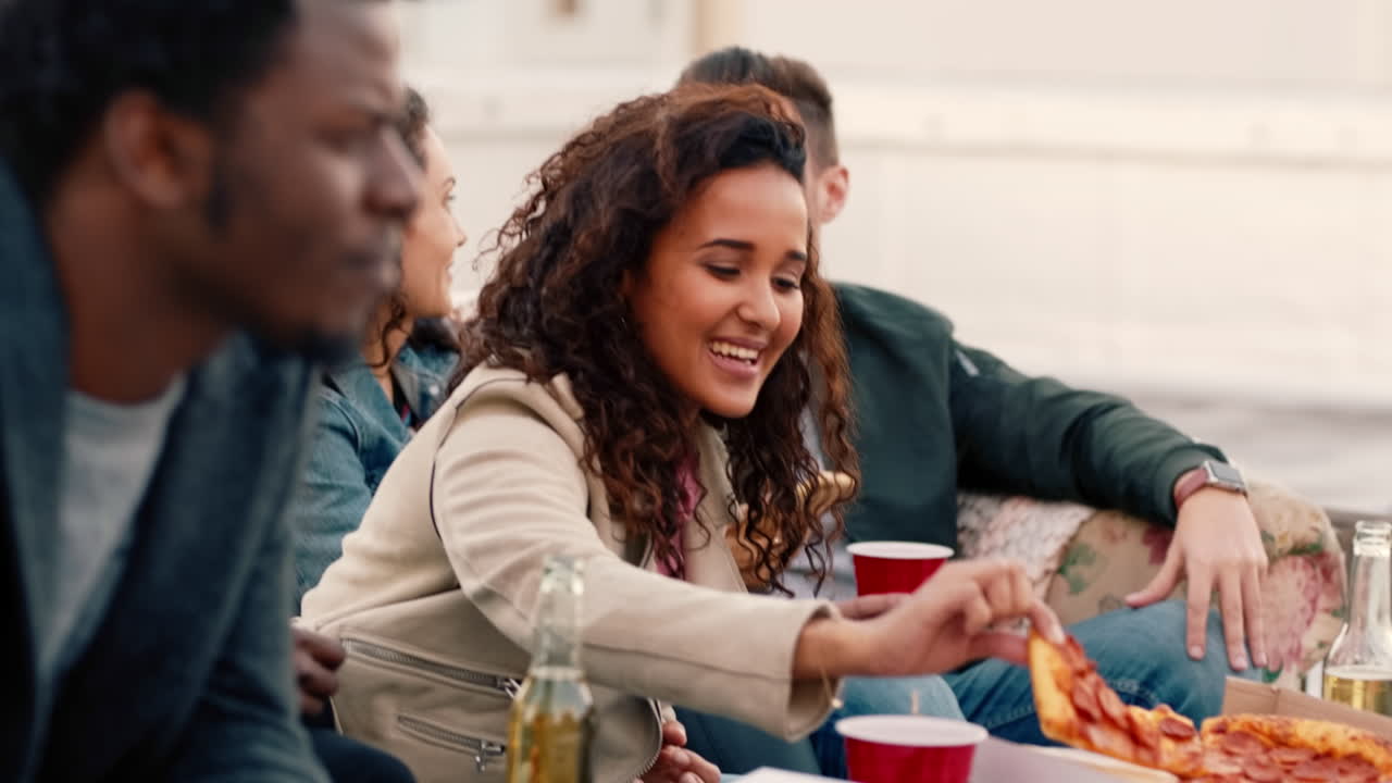 Pizza, party and friends with alcohol outdoor