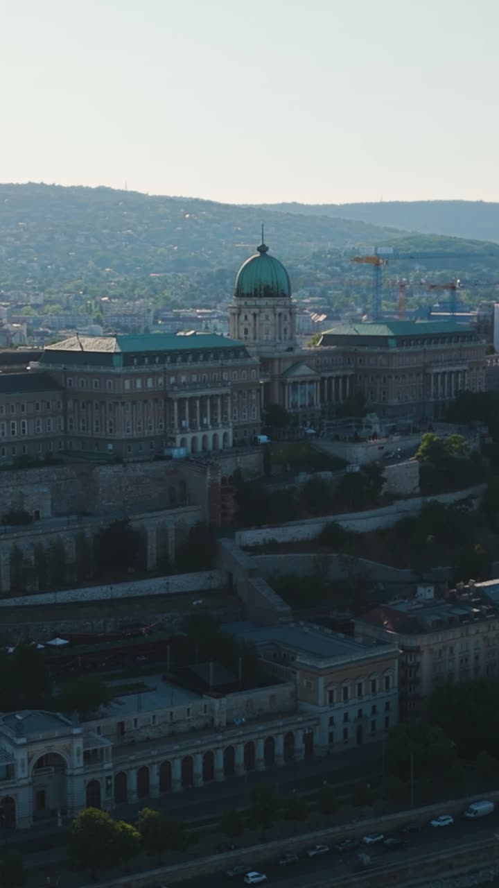 Buda Castle with green dome and palace complex in Budapest Hungary vertical aerial