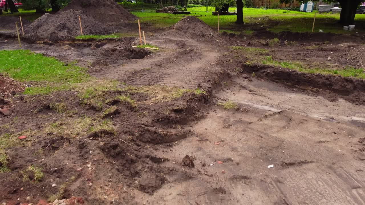 Dig site for new parking lot in Riga suburbs, low angle drone view
