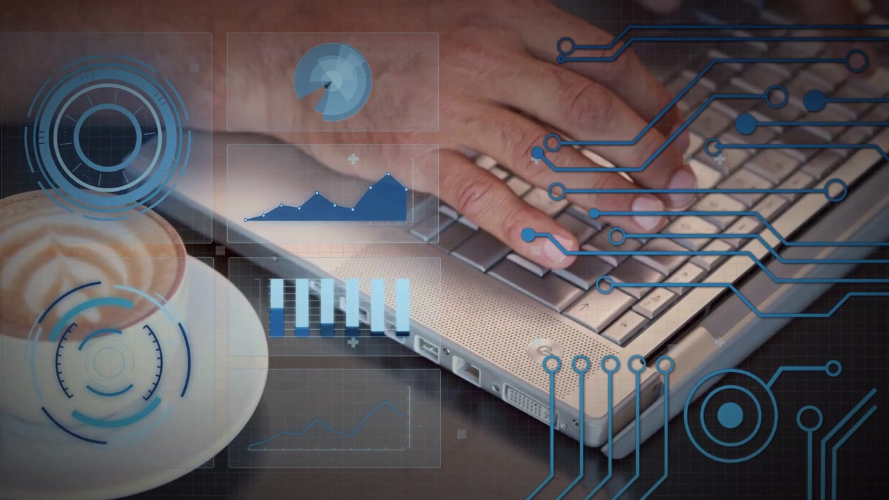Man's hands reaching laptop keys activating HUD tech overlays while typing on project latte nearby