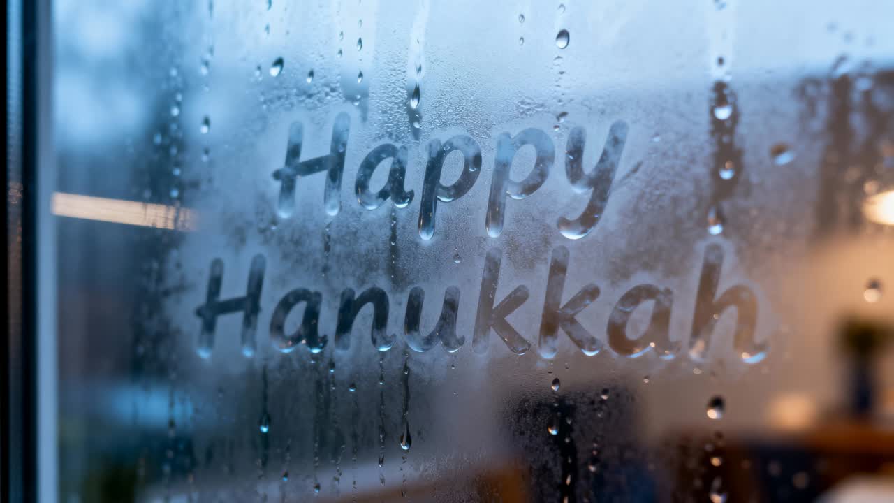 Raindrops hitting fogged window, droplets gathering and running down pane at home, Happy Hanukkah