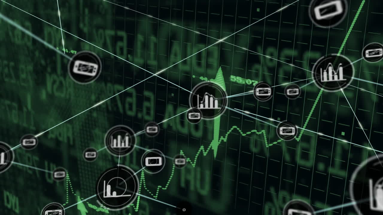 Analyzing stock market data with graphs and animation on green background