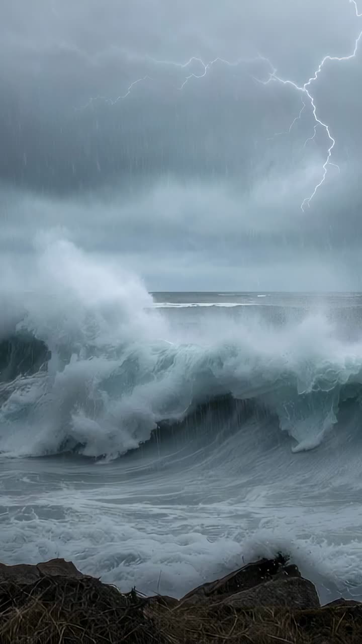 Vertical video: Swells approaching breaking onto rocky shore as lightning flashing on right horizon