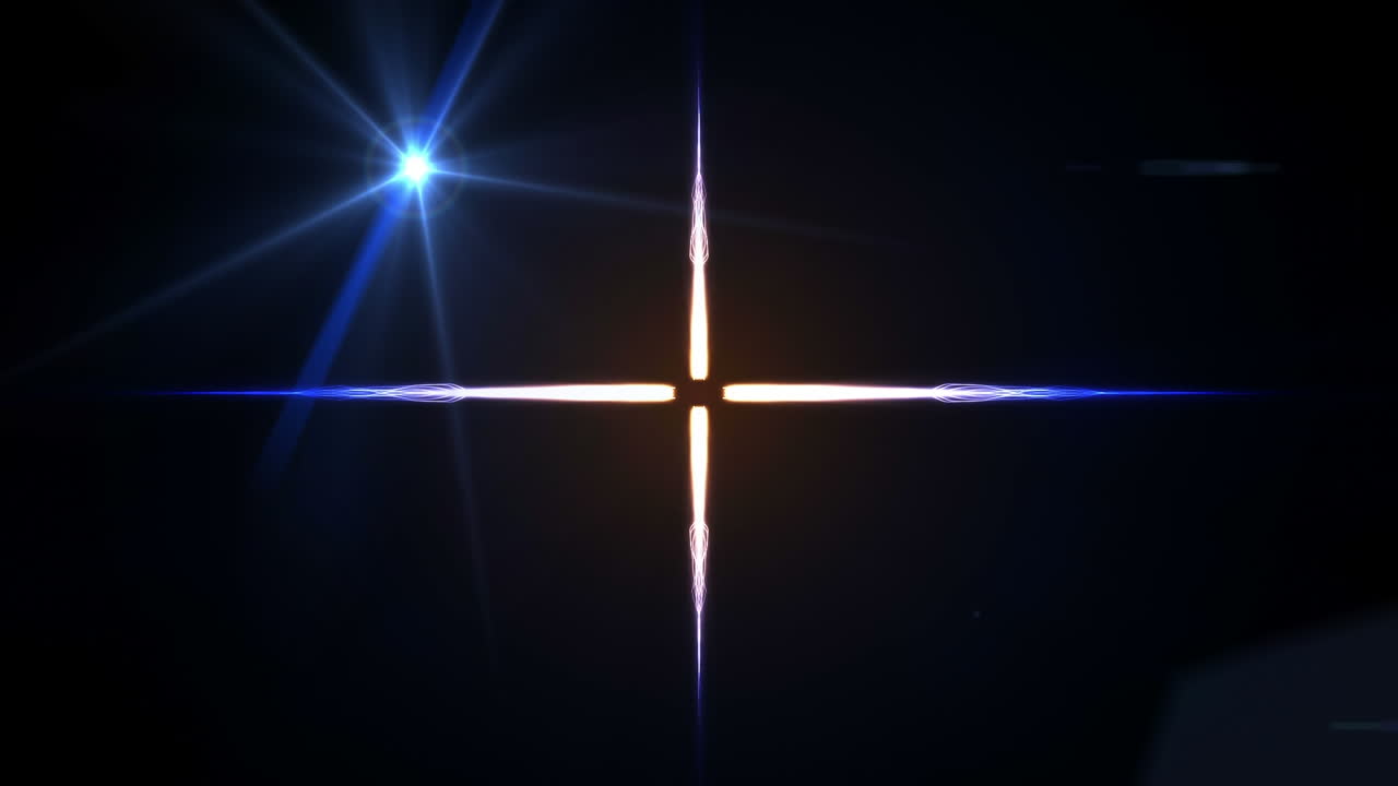 animación de una cruz de líneas distorsionada con una estrella en movimiento sobre un fondo oscuro