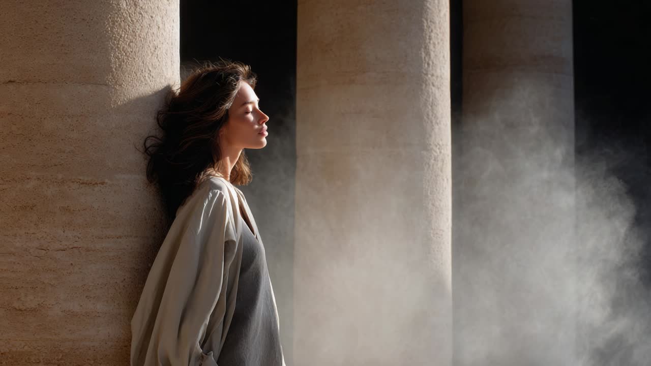 Woman standing near columns with smoke