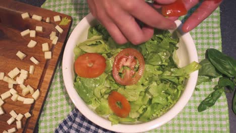 Hände-Machen-Salat-Und-Tomate-In-Einer-Weißen-Schüssel