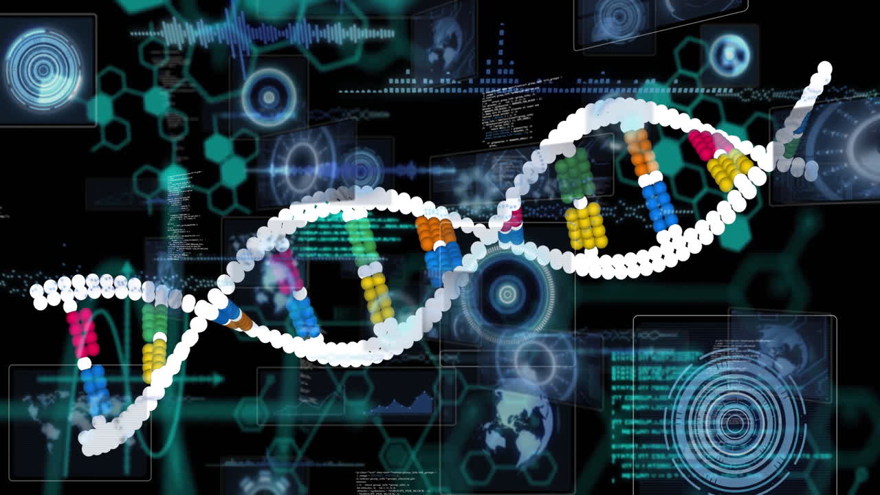 Processing scientific data, DNA strand with binary coding in animation sequence