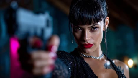 woman aiming pistol cinematic closeup