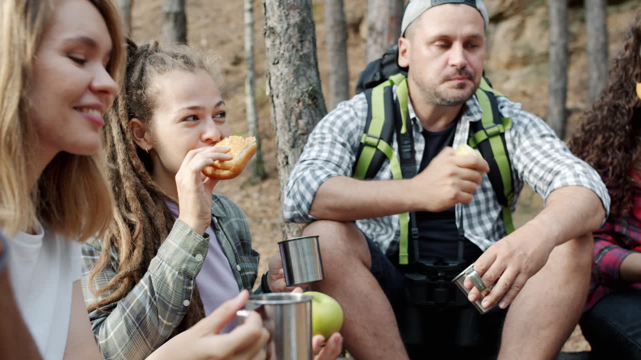 друзья наслаждаются пикником в лесу