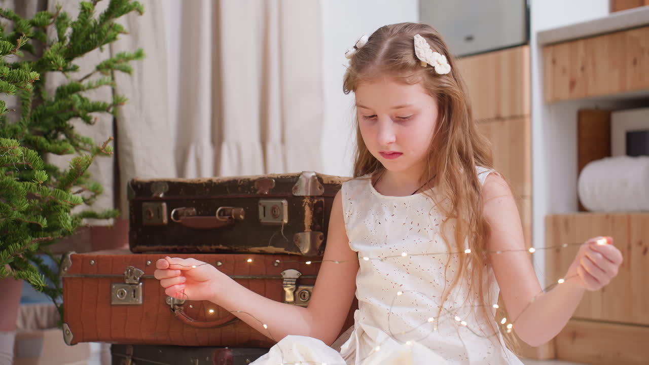 Close-up of girl holding Christmas lights while sitting near boxes. In the background, a festive Christmas tree stands, creating a cozy holiday atmosphere in a bright indoor setting