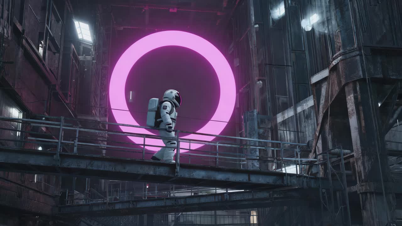 Astronaut in Industrial Setting with Neon Ring