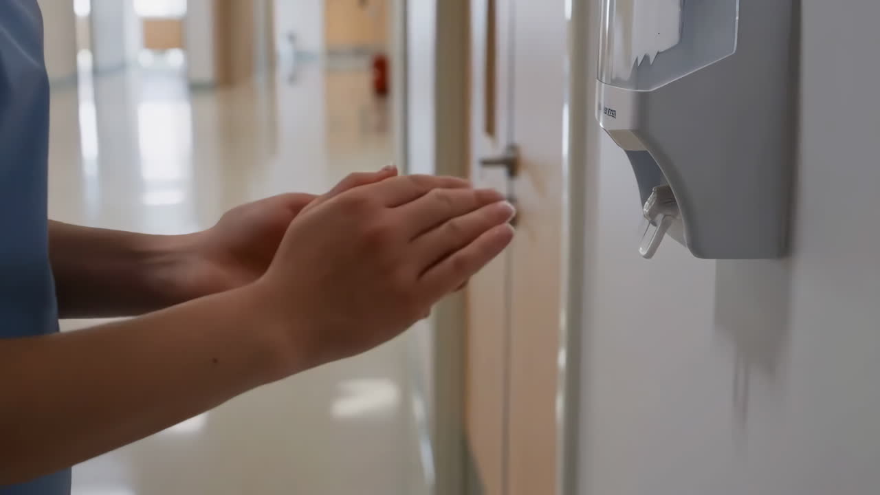 Person som använder handsprit i en sjukhuskorridor
