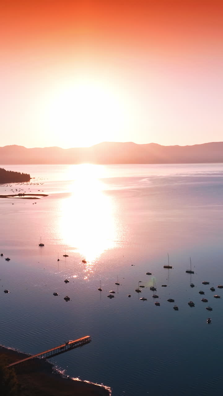 Amazing scenery of Lake Tahoe with numerous boats on. Forest waterfront and sun reflecting in the smooth surface of water. Pink skies at backdrop. Vertical video