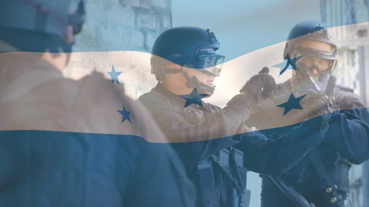 Animation of caucasian soldiers over flag of honduras