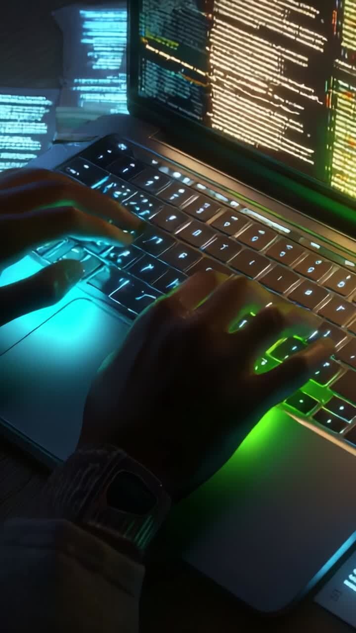 Belyst tastatur: Nærbillede af hænder, der skriver på en bærbar computer, mens de koder eller arbejder med softwareudvikling i et farverigt lysmiljø
