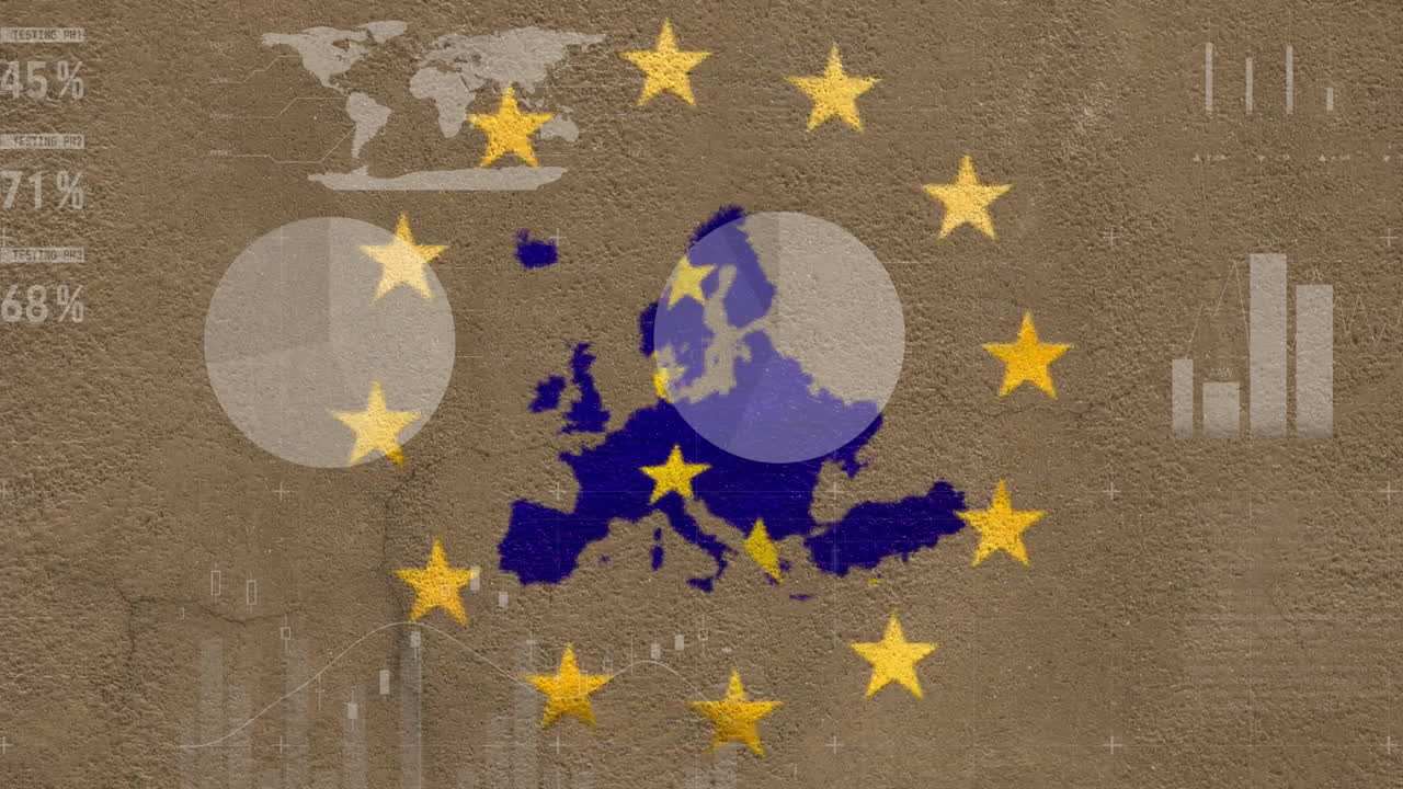 animación del procesamiento de datos financieros y bandera de la unión europea