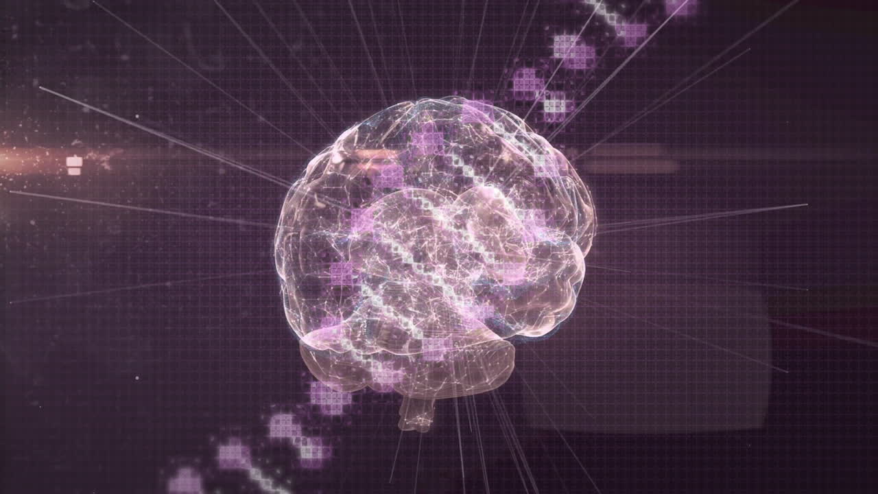 Digital brain with glowing neural connections and data processing animation