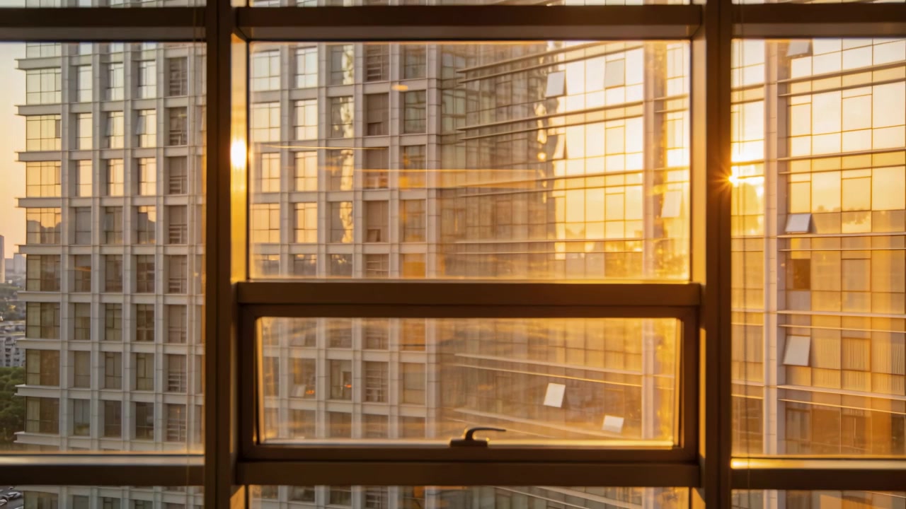 Low sun shifting, multi-pane window with center latch reflecting glare onto glass facades in room