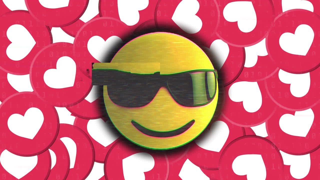 animación del icono emoji con gafas de sol y iconos de amor de corazón rojo sobre fondo negro