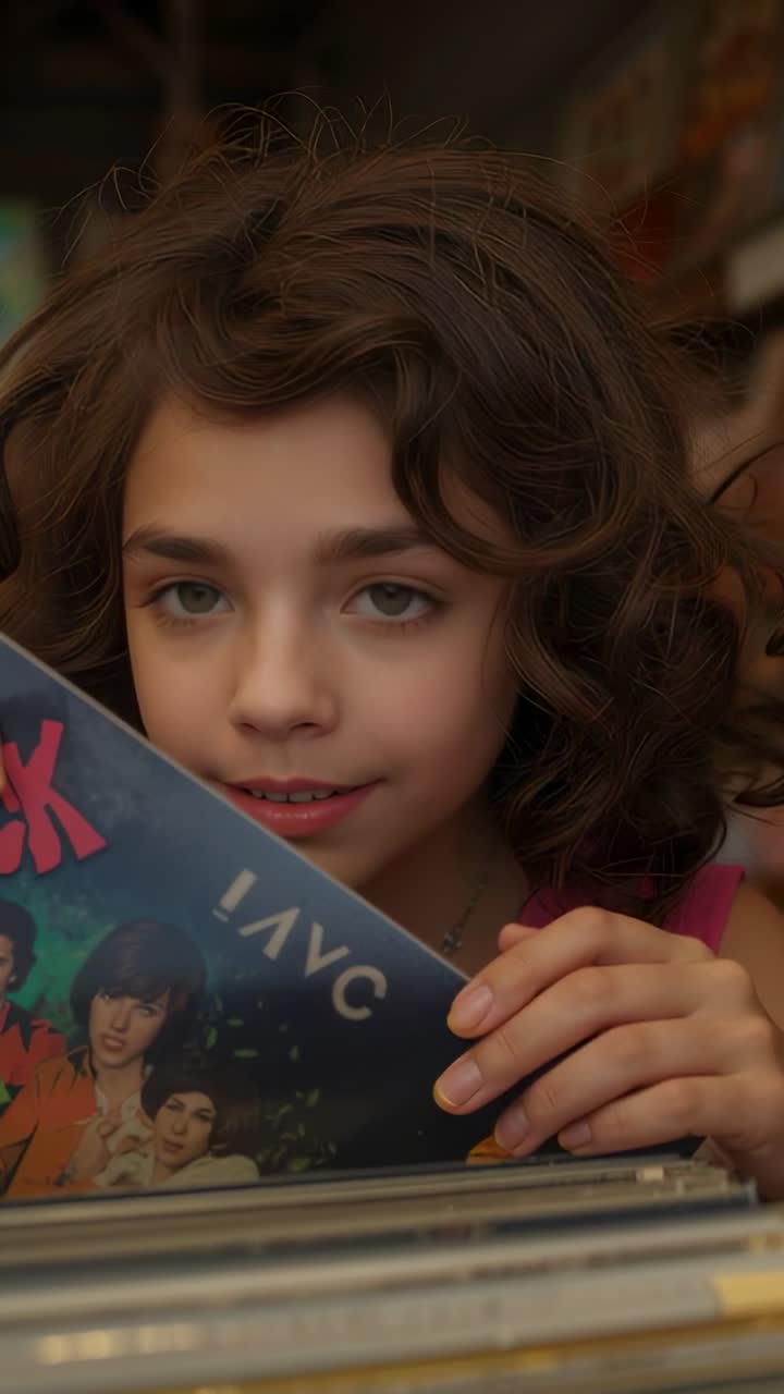 Vertikal video: Kigger i kasse, pige kigger frem, sænker vinylcover i pladebutik iført pink top