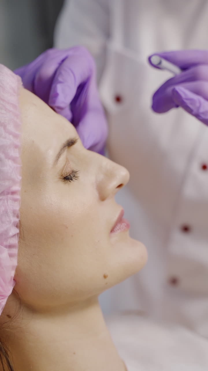 An experienced cosmetologist makes botox in the eyebrow area for a woman. Facial skin rejuvenation. Cosmetology. Side view Vertical video