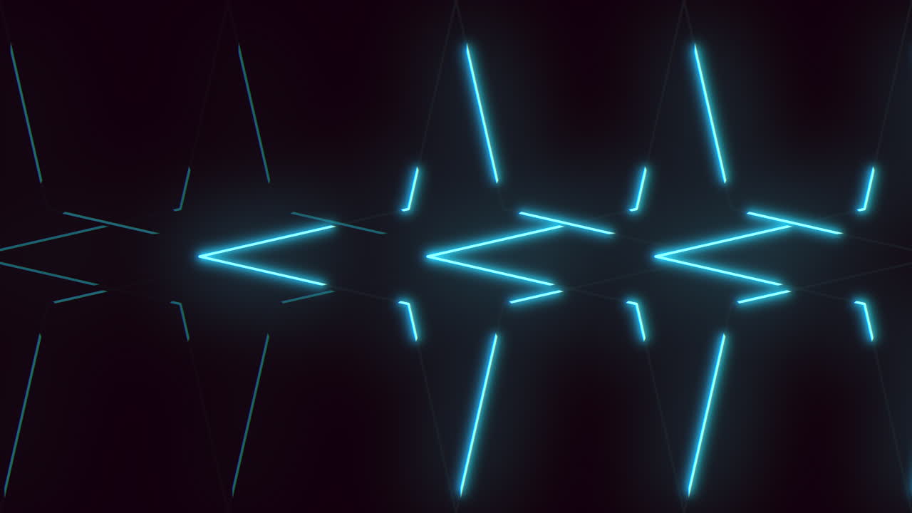 Motivo futuristico di luci a freccia neon blu su sfondo scuro, movimento continuo