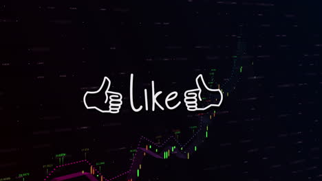 animation of like text with thumbs up over financial data processing