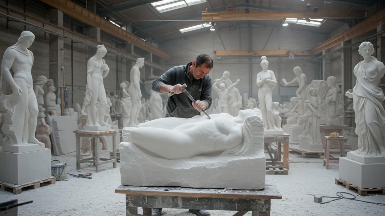A Skilled Sculptor Delicately Chiseling a Marble Statue in a Studio Surrounded by Other Stunning Sculptures, Showcasing the Art of Classical Sculpture Crafting