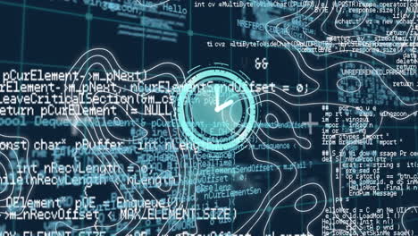 Animation of clock moving over diverse data on navy digital screen