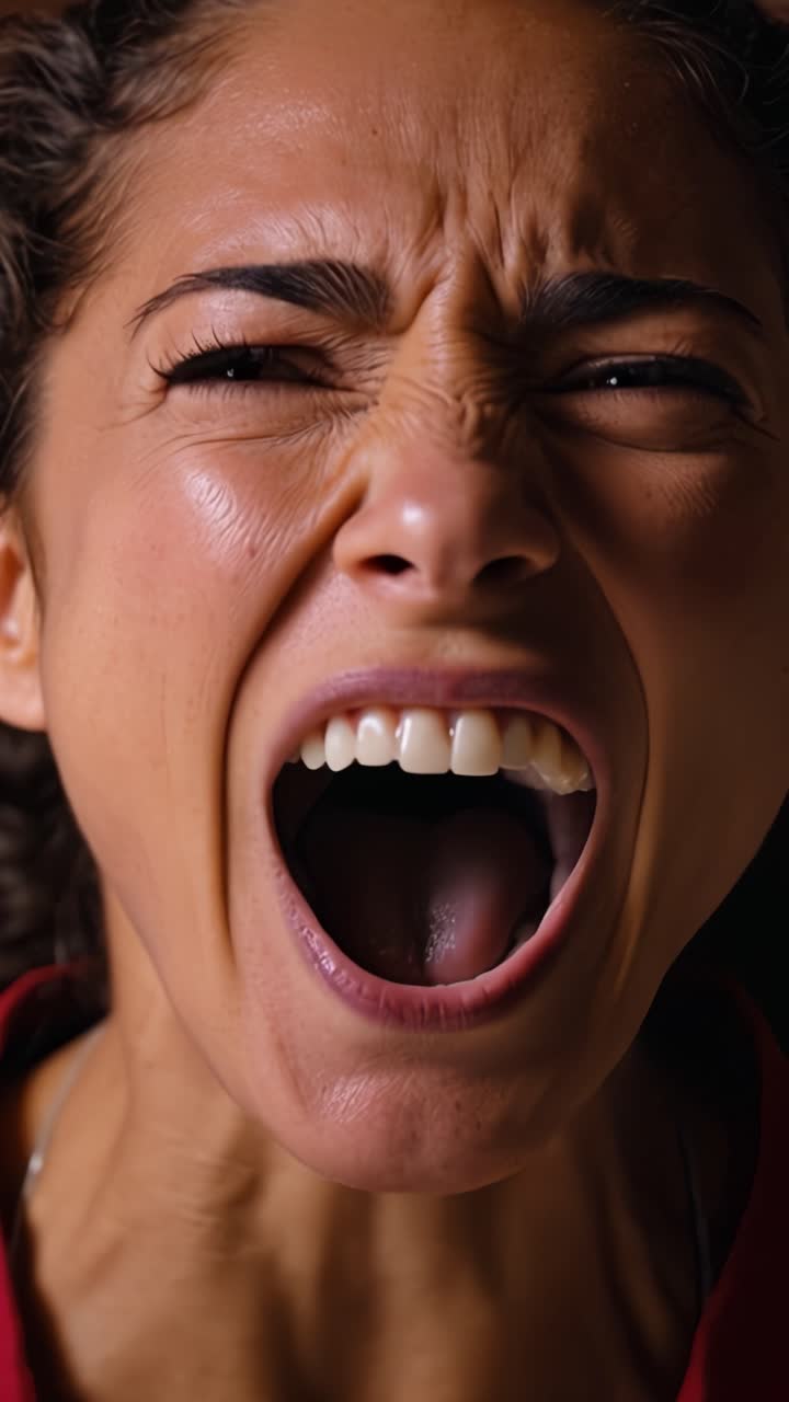 Expressão emocional intensa: uma série de reações fortes capturadas em close-up, destacando raiva, descontentamento e sentimentos profundos na experiência humana.