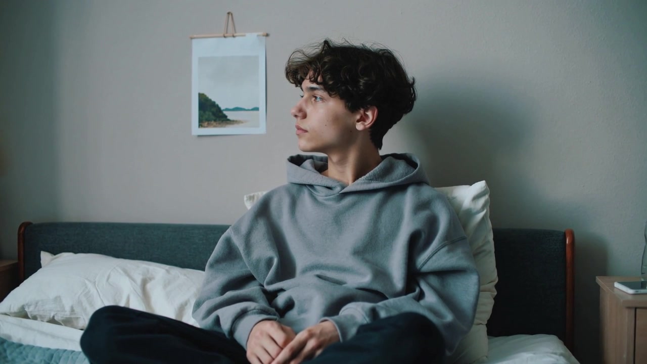 Un adolescente maschio, con una felpa con cappuccio grigia, gira la testa e sposta lo sguardo sul letto, notando un punto fuori campo.