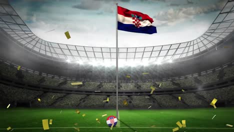 golden confetti falling over waving croatia flag against sports stadium in background