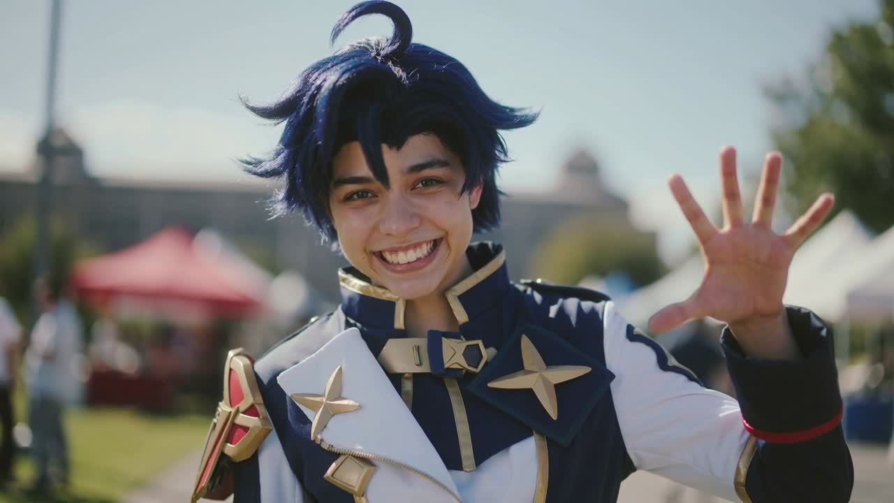 Leende cosplayer lägger märke till kameran, höjer höger hand på en fanmässa, hälsar på publiken och visar upp en marinblå peruk.