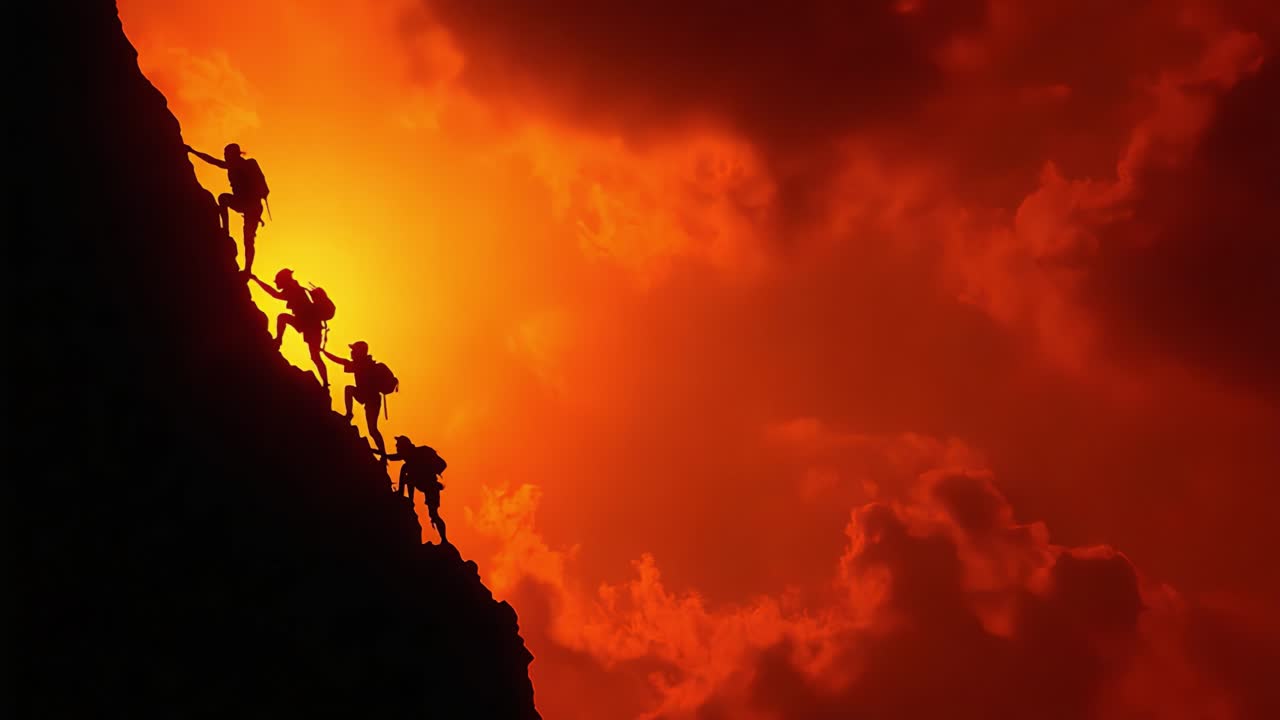 Una squadra di alpinisti scala una cima rocciosa contro un tramonto mozzafiato, mettendo in risalto la bellezza e le sfide dell'alpinismo.