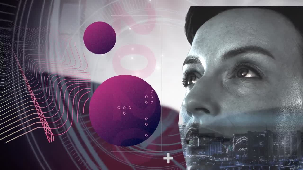 animación de globos con una red de conexiones sobre la cara de la mujer