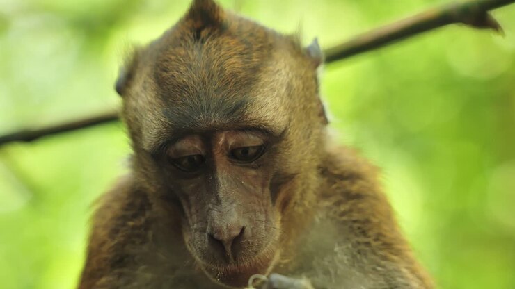 Close Up of Authentic wildlife macaque eating banana, focused eyes in jungle