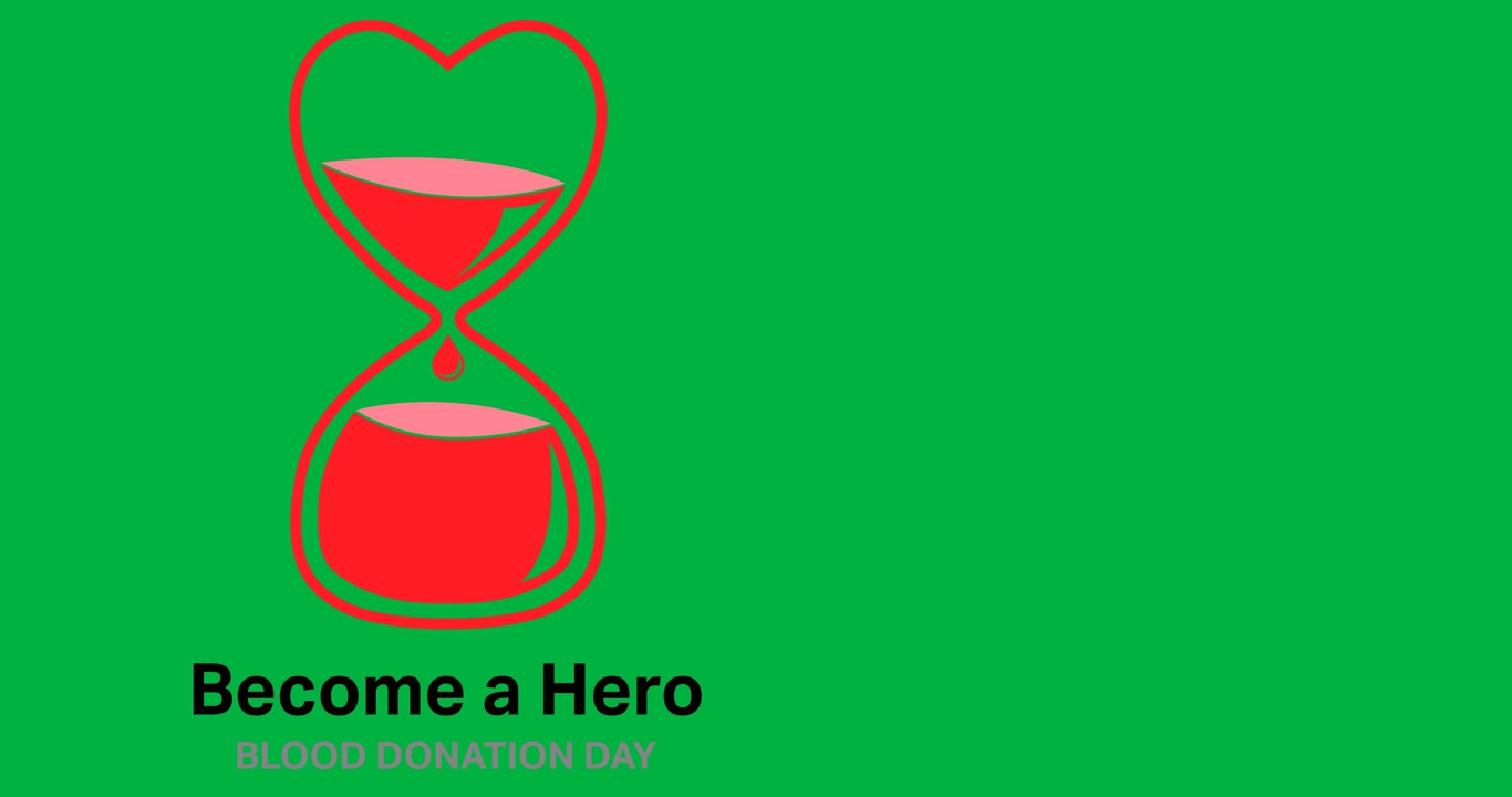 Digital animation of blood inside a hour glass icon with blood donation day text on black background