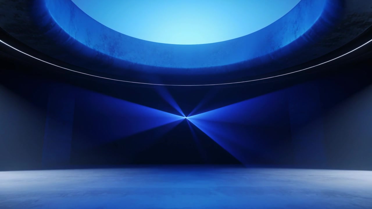 Sequenza iniziale, anello oculus che si solleva, emettendo fasci di luce attraverso la sala, nebbia che specchia il pavimento per la rivelazione.