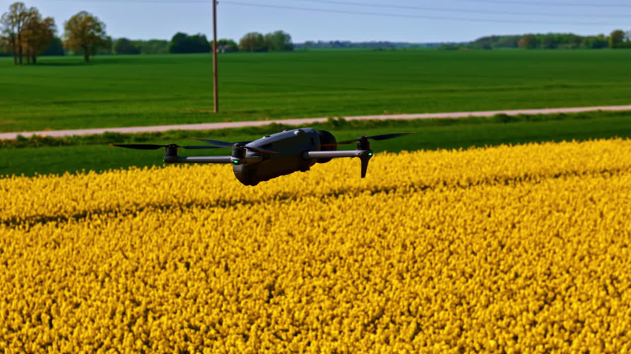 A drone flying over a field of yellow flowers with a clear green landscape in the background