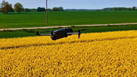 a drone flying over a field of yellow flowers with a clear green landscape in the background