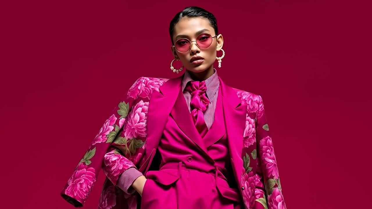 A woman in a pink suit and sunglasses posing for a picture
