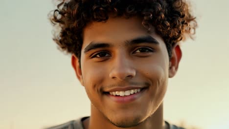 a young man with curly hair smiles warmly at the camera in a close-up portrait.