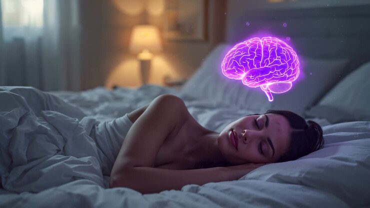 Mulher dormindo deitada no quarto com um cérebro roxo neon aparecendo acima da cabeça e sinalizando o sonho