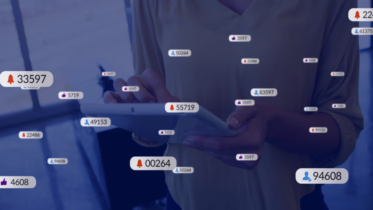 Animation of icons and data processing over caucasian businesswoman using tablet