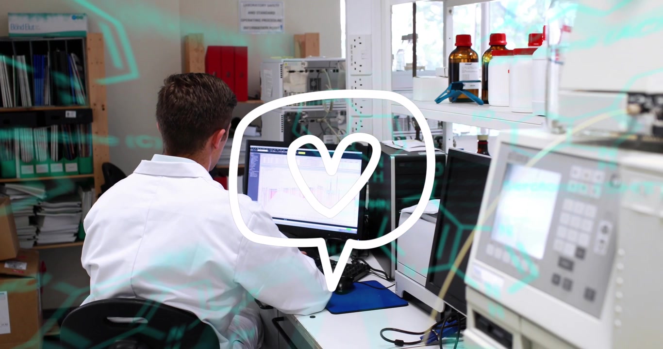 Animation of speech bubble icon and data processing over caucasian male scientist in lab