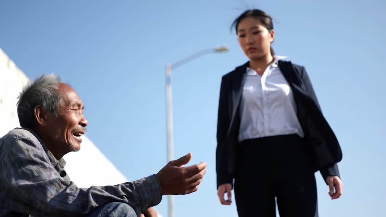 A poignant moment captured between two individuals from different walks of life, showcasing the contrast between wealth and poverty under a clear blue sky