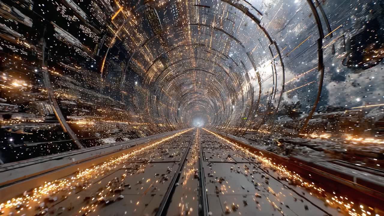 Journey Through the Galactic Portal: A Stunning Visual of Cosmic Travel in a Futuristic Space Tunnel with Sparkling Lights and Infinite Depth