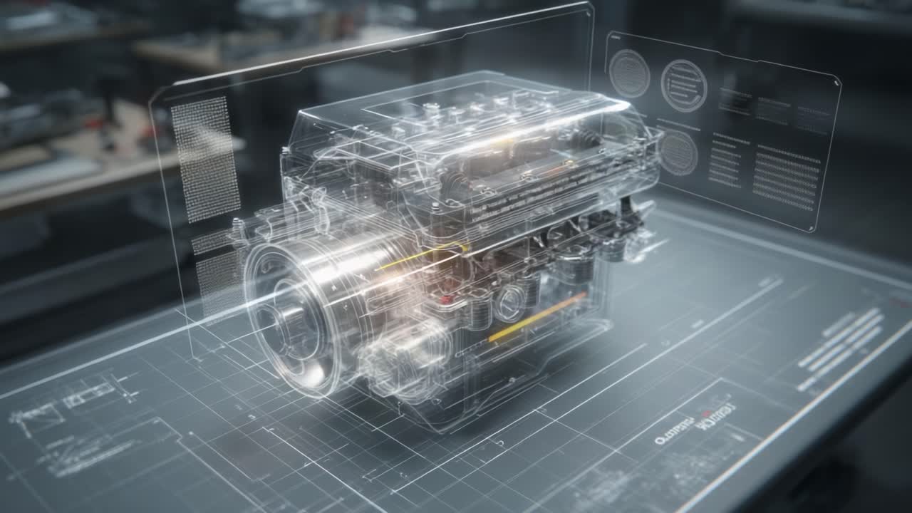 Detailed Visualization of an Engine: A Transparent Design Showcasing the Intricate Components and Mechanics of a Modern Engine in a Technical Environment
