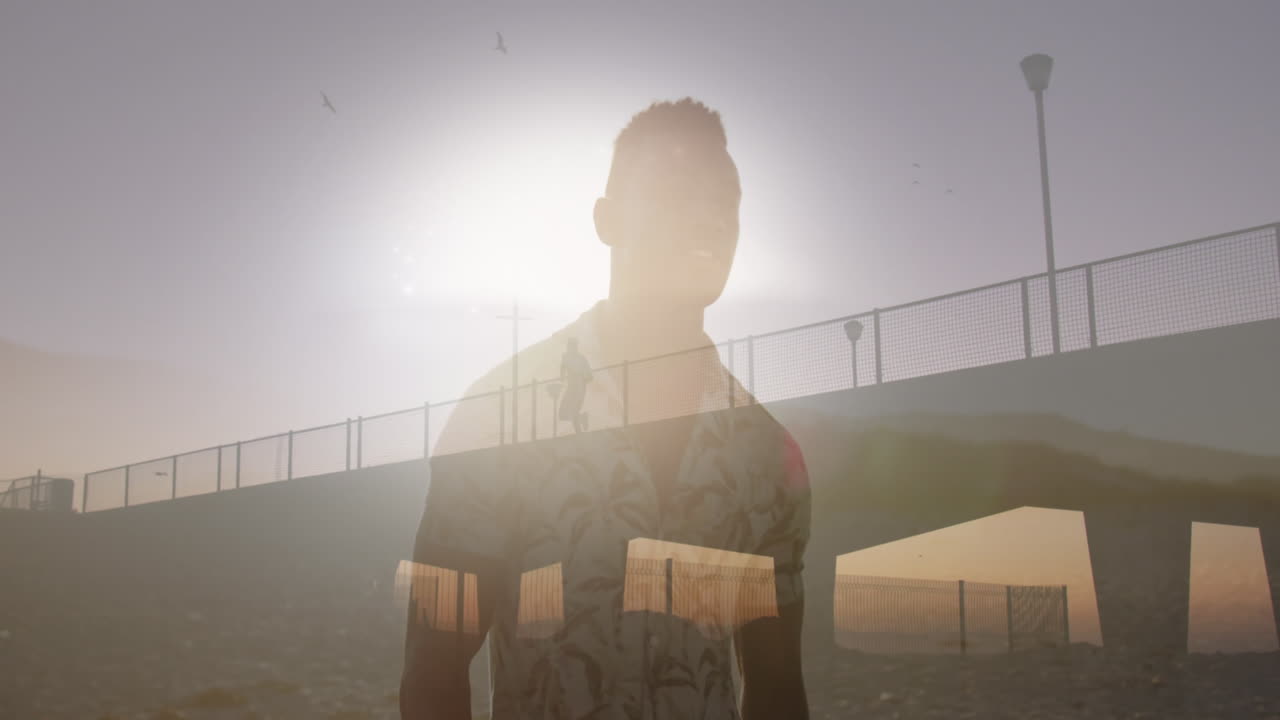 animación de un hombre afroamericano en la playa sobre el puente