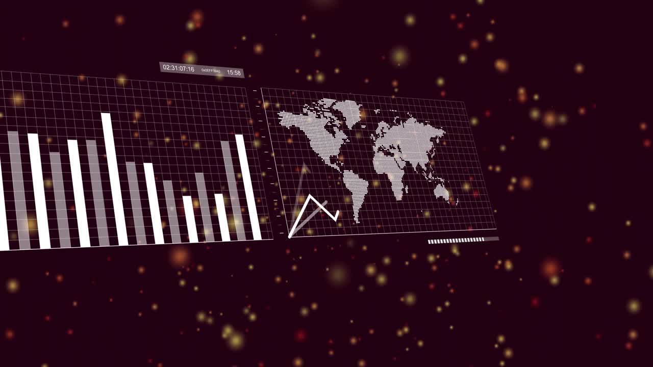 Kamerapanering, HUD-paneler som glider och roterar medan noder pulserar och diagram spårar datatrender